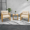 Two beige cushioned chairs and a square coffee table from the 3 Pieces Patio PE Wicker Conversation Set for outdoor use.