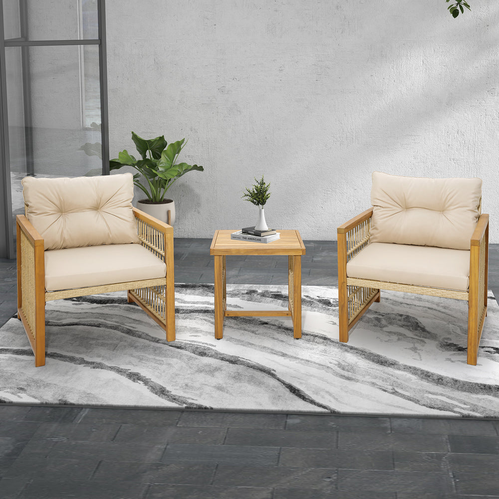 Two beige cushioned chairs and a square coffee table from the 3 Pieces Patio PE Wicker Conversation Set for outdoor use.