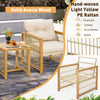 Light yellow PE rattan chair with acacia wood frame and beige cushion, perfect for modern patio conversation sets.