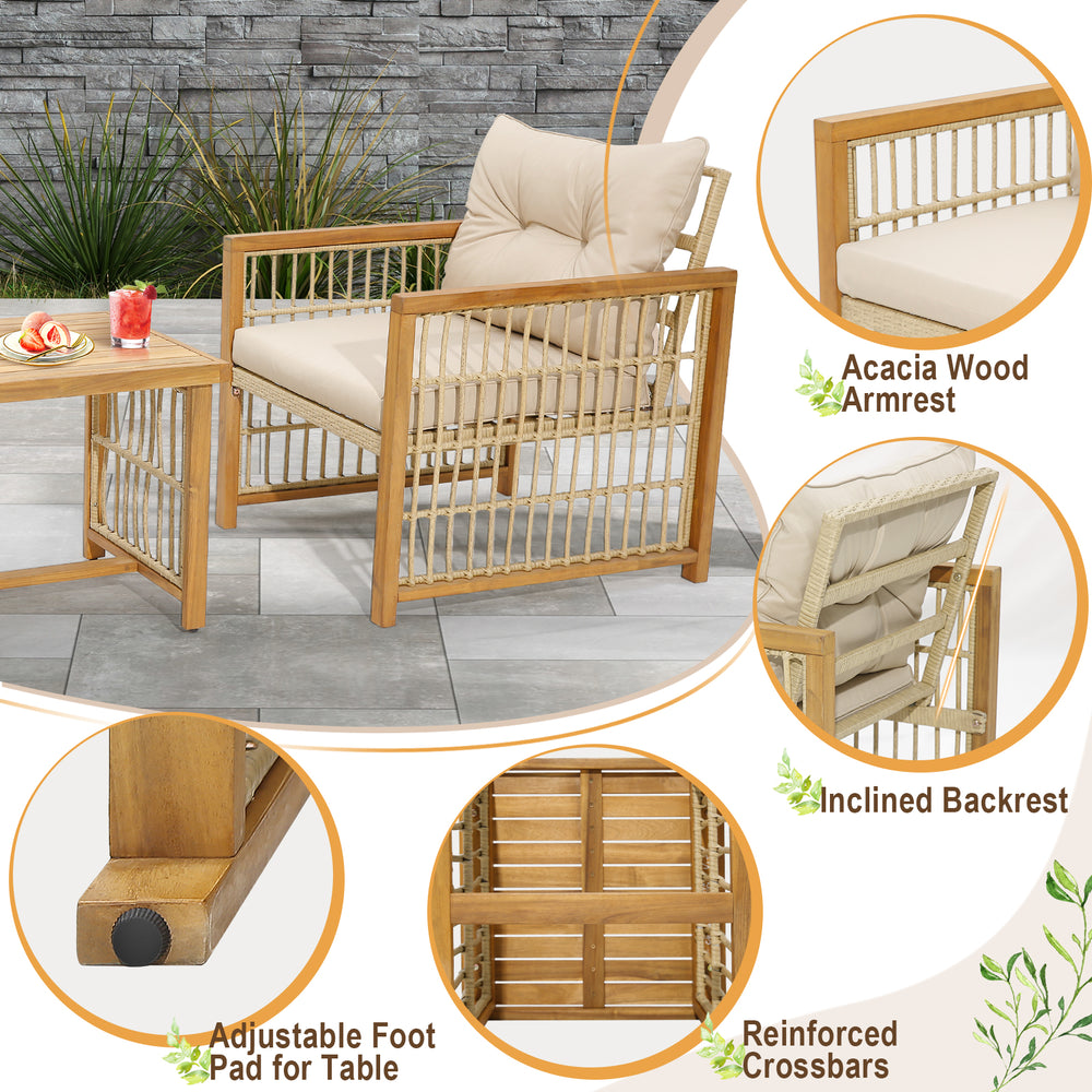 Single chair from the 3 Pieces Patio PE Wicker Conversation Set with acacia wood frame and soft beige cushions for.
