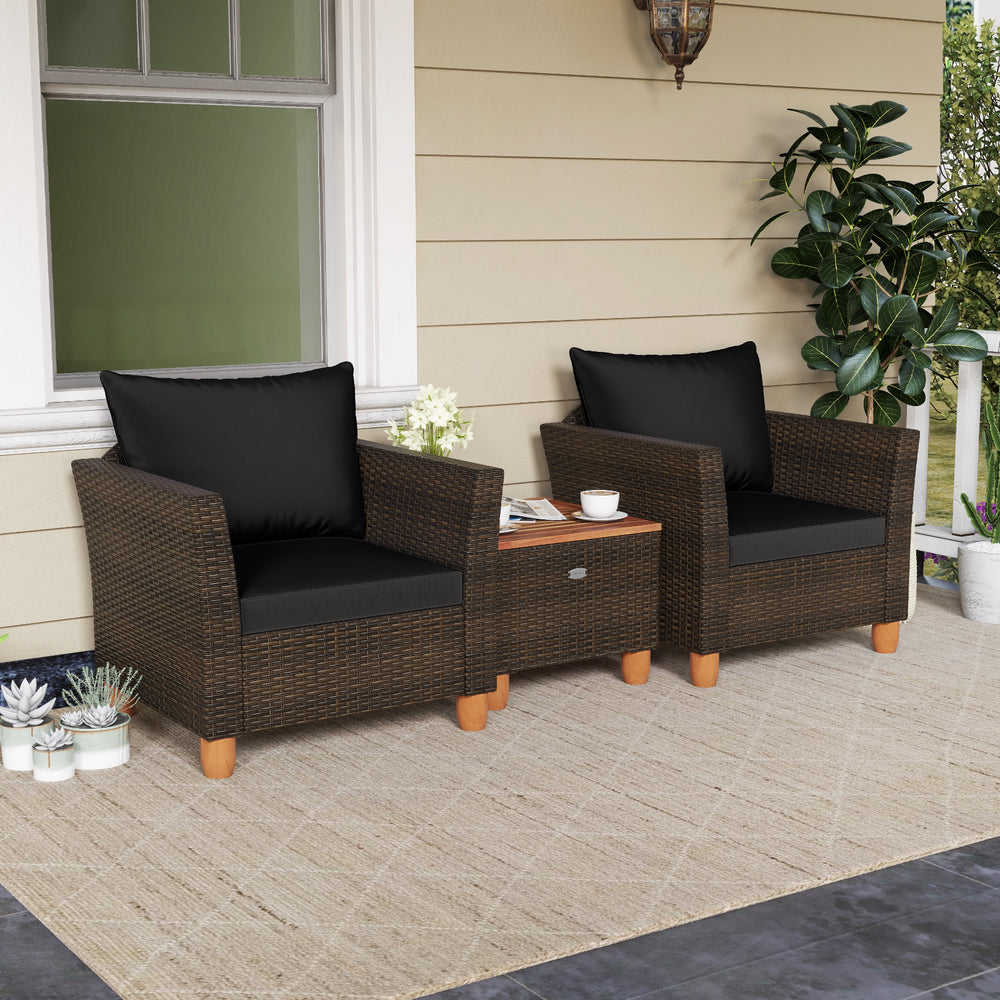 3 Pieces Patio PE Wicker Furniture Set with Cushions and Acacia Wood Storage Coffee Table-Black - Gallery View 1 of 11