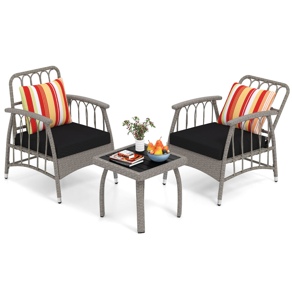Two gray PE wicker patio chairs with adjustable backrests and a square coffee table, perfect for outdoor relaxation.