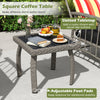 Square coffee table with slatted tabletop and adjustable foot pads, perfect for outdoor patio use.