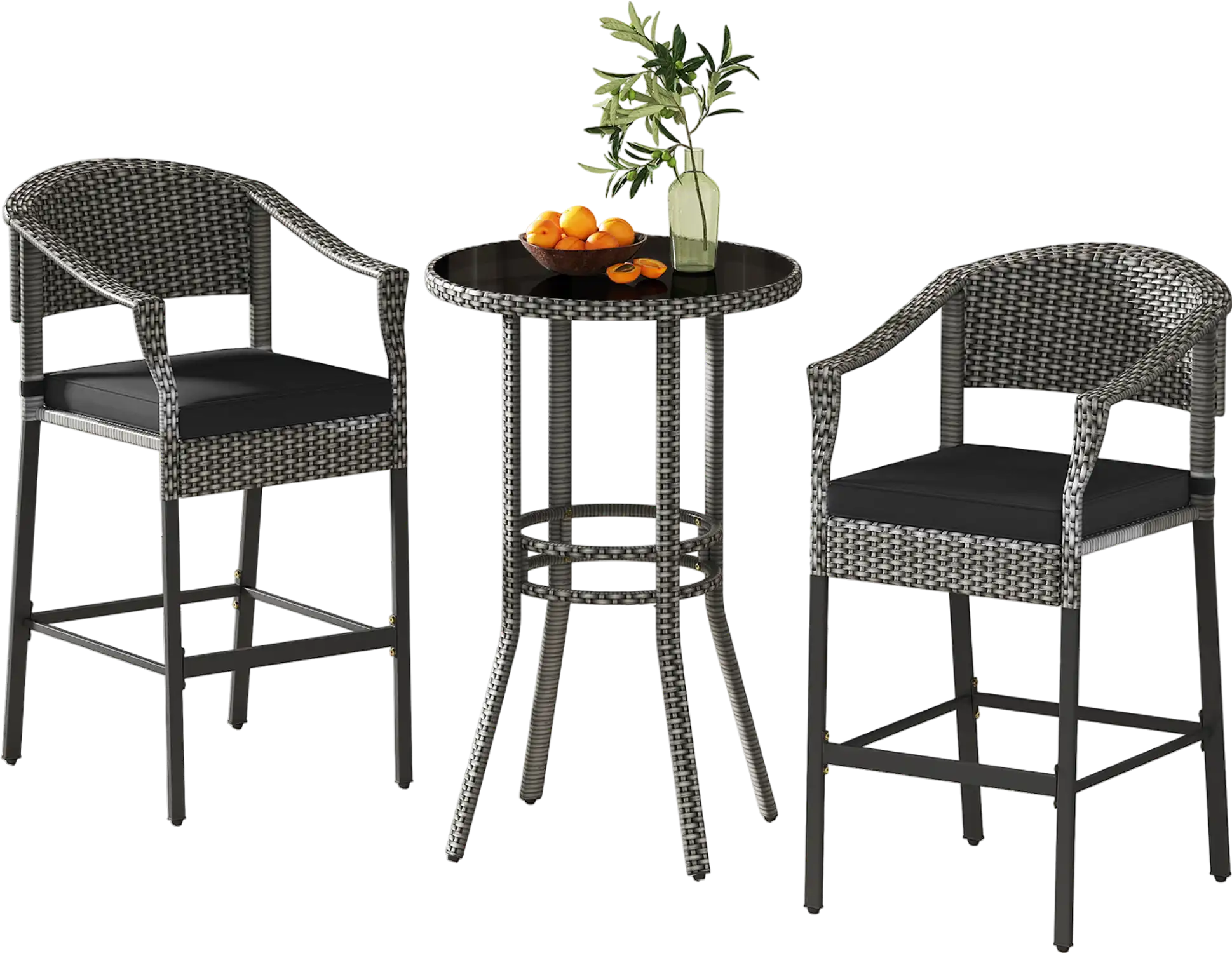 Costway 3-Piece Patio Rattan Bar Set Tempered Glass Top Gray 92375681 New