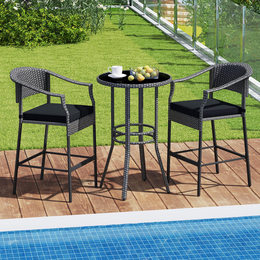 3-piece patio rattan bar set with tempered glass top, featuring gray chairs and cushions, perfect for backyard poolside.