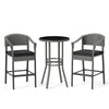 3-piece gray patio rattan bar set with tempered glass top, featuring ergonomic chairs and soft cushions for backyard.