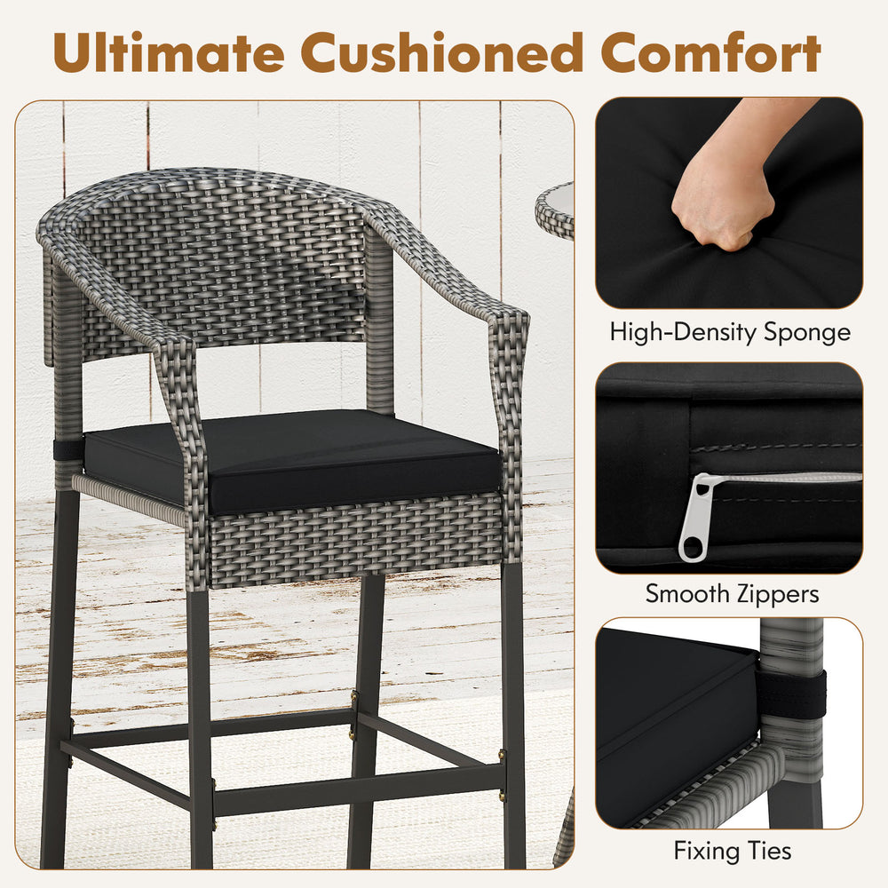 Close-up of the gray seat cushion with zippered cover and fixing ties for the 3-piece patio rattan bar set.