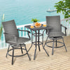 Stylish 3 Pieces Swivel Bar Set with a round table and two chairs, featuring gray PE rattan for outdoor patio enjoyment.