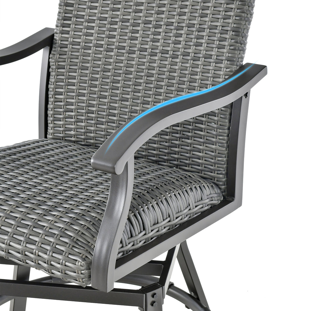 Close-up of the swivel bar chair with gray PE rattan, 4D air fiber cushion, and curved armrests for added comfort.
