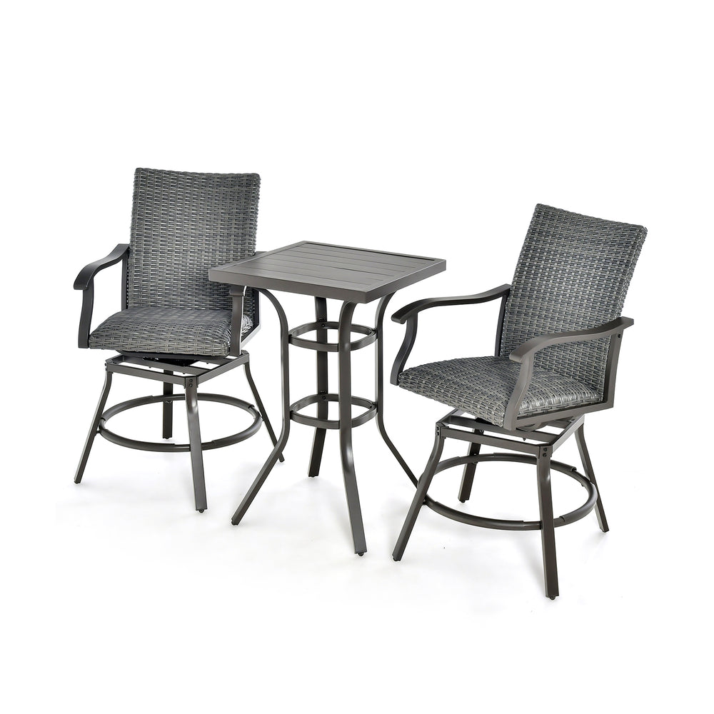 Swivel bar set featuring two chairs with gray PE rattan and a table, perfect for backyard or poolside relaxation.