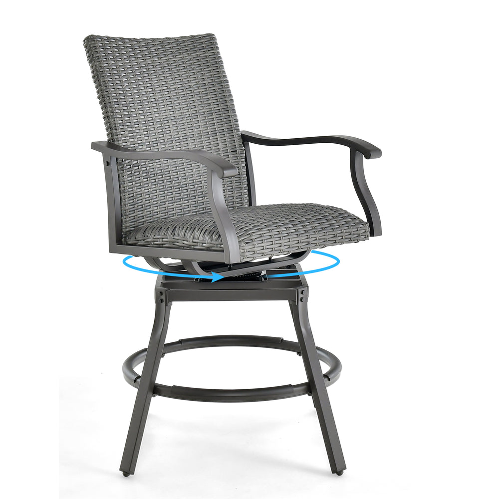 Swivel bar chair with gray PE rattan, 4D fiber cushion, and aluminum frame, perfect for backyard or poolside relaxation.