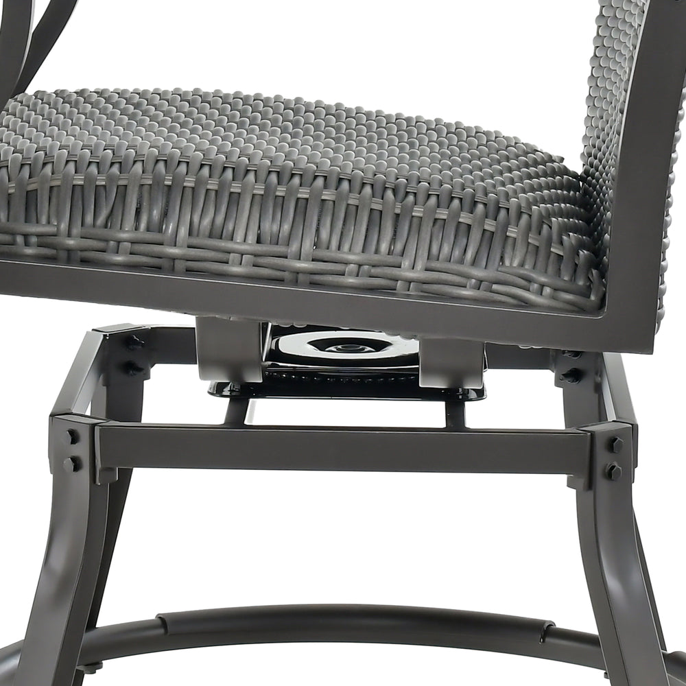 Close-up of the swivel bar chair's hand-woven gray PE rattan seat and sturdy aluminum frame, ideal for outdoor.