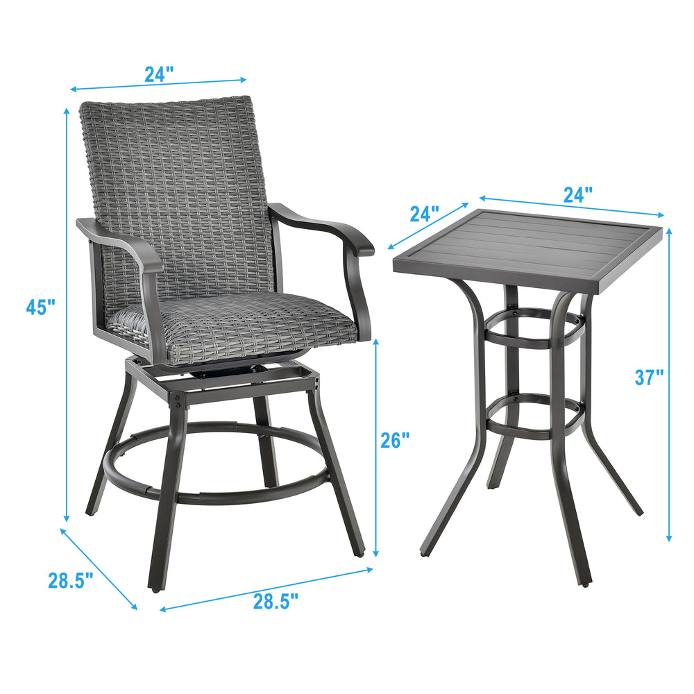 Swivel bar set featuring a gray PE rattan chair and table, perfect for backyard or poolside relaxation.