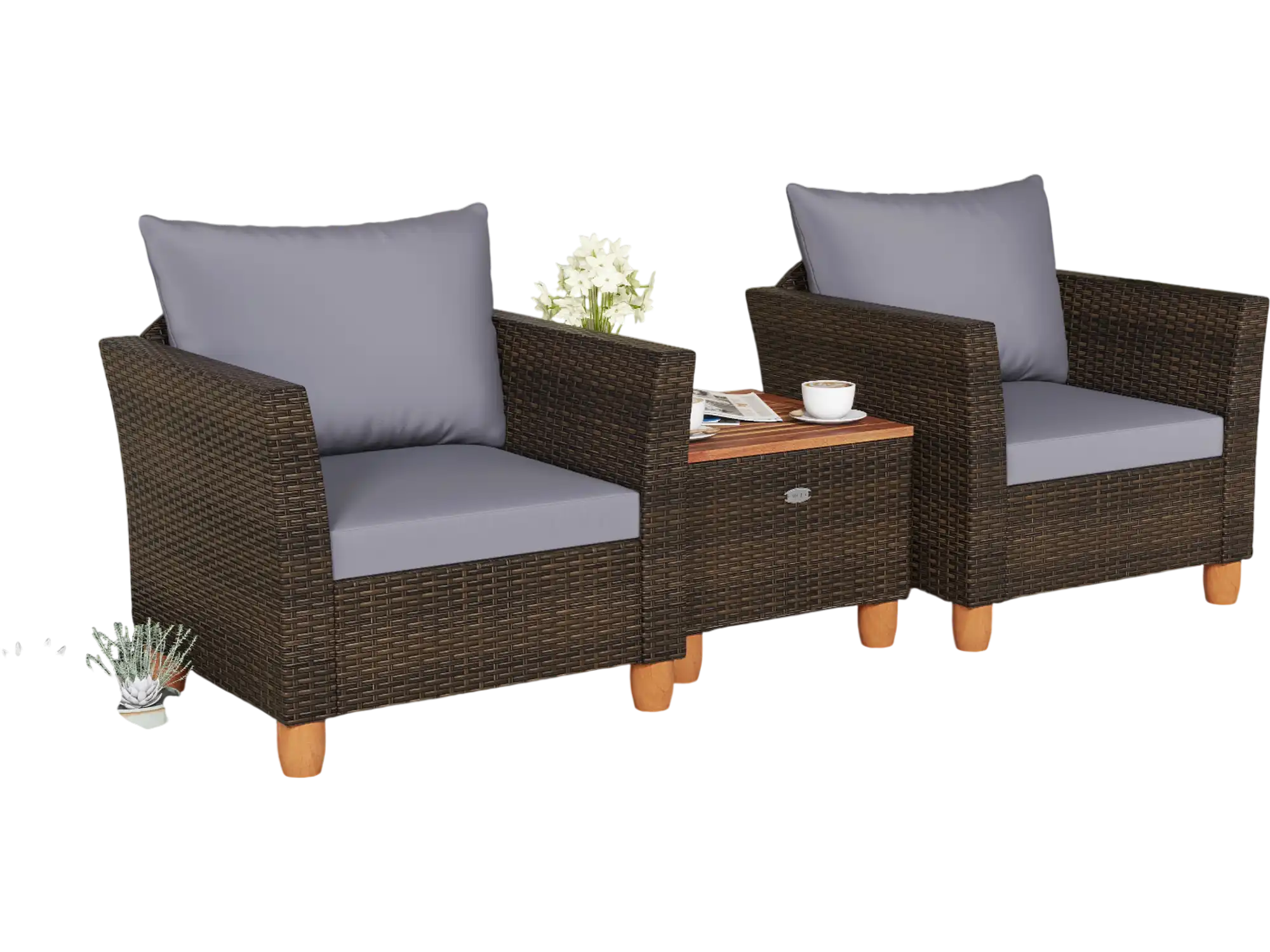 Costway 3-Piece Patio Rattan Bistro Furniture Set Wooden Table Top Gray 825697143 New