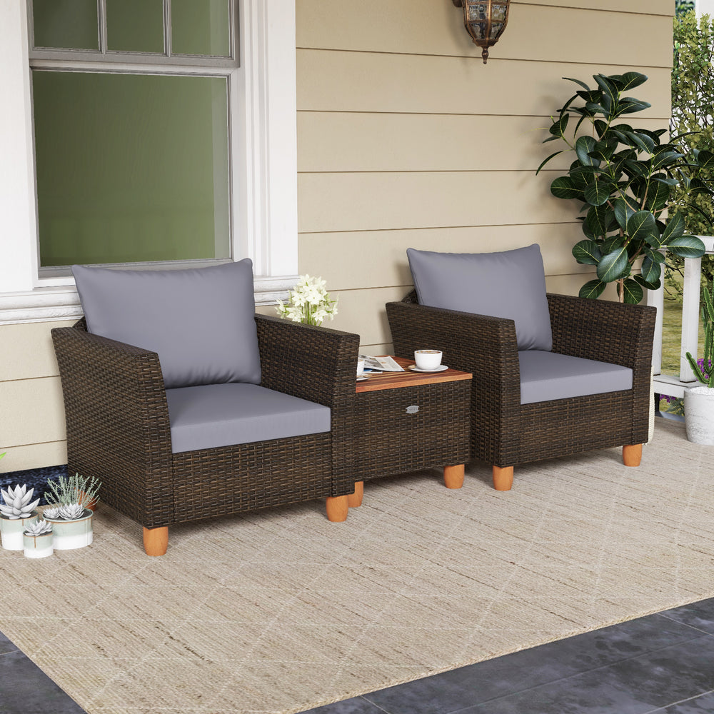 3 Pieces Patio Rattan Bistro Furniture Set with Wooden Table Top-Gray - Gallery View 1 of 11