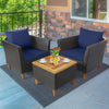 3 Pieces Patio Rattan Bistro Furniture Set with Wooden Table Top-Navy - Gallery View 1 of 10