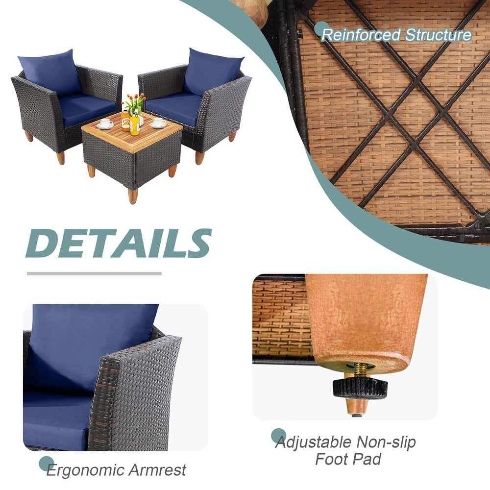 Close-up of the 3 pieces patio rattan bistro set featuring ergonomic armrests and adjustable non-slip foot pads.