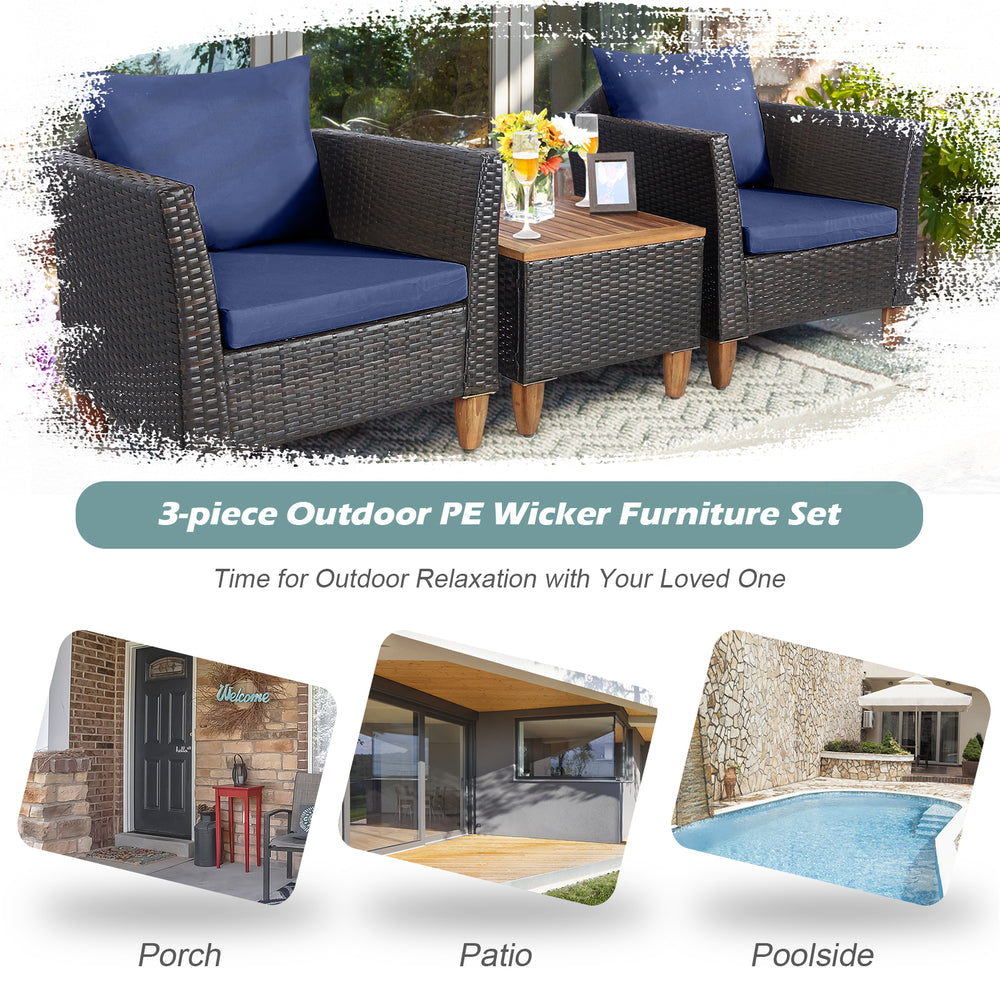 3-piece patio rattan bistro furniture set with navy cushions and wooden table top, perfect for outdoor relaxation.