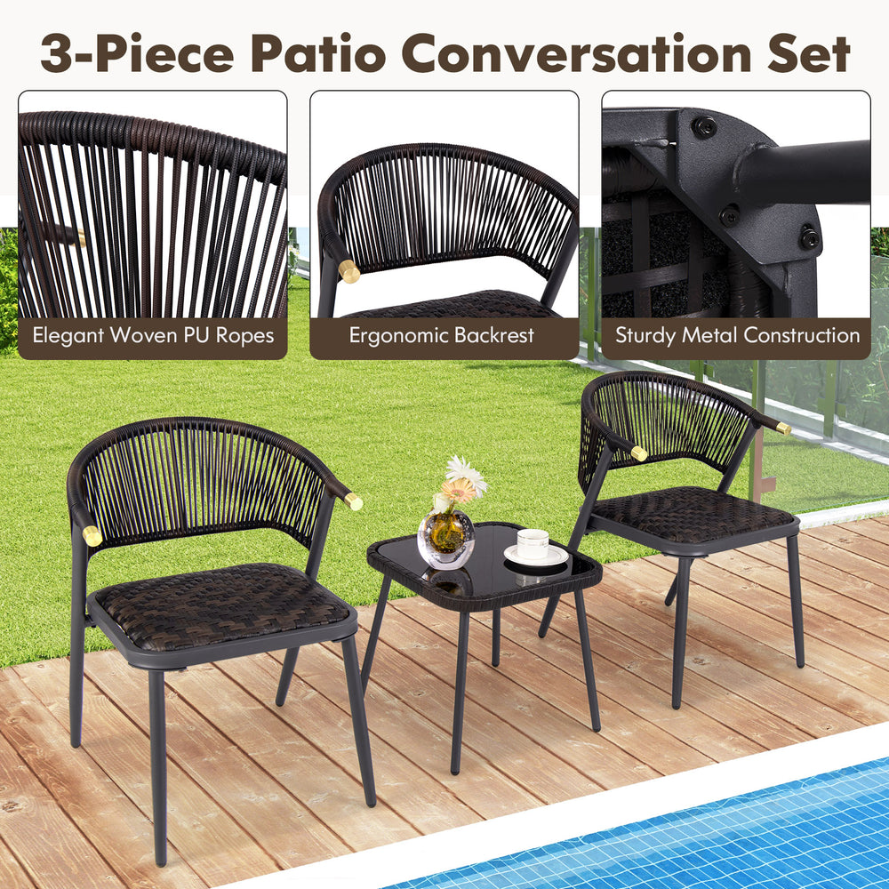 3-piece patio rattan furniture set featuring brown PE rattan chairs and a glass-top coffee table, ideal for poolside.