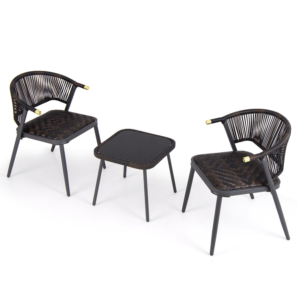 Two stylish chairs and a coffee table from the 3 Pieces Patio Rattan Furniture Set in brown and black for outdoor.