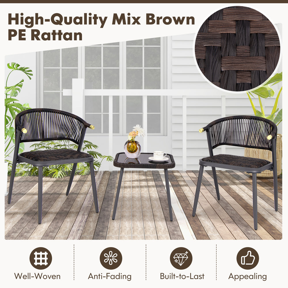 Mix brown PE rattan patio chair and coffee table set with tempered glass top, ideal for backyard and poolside.