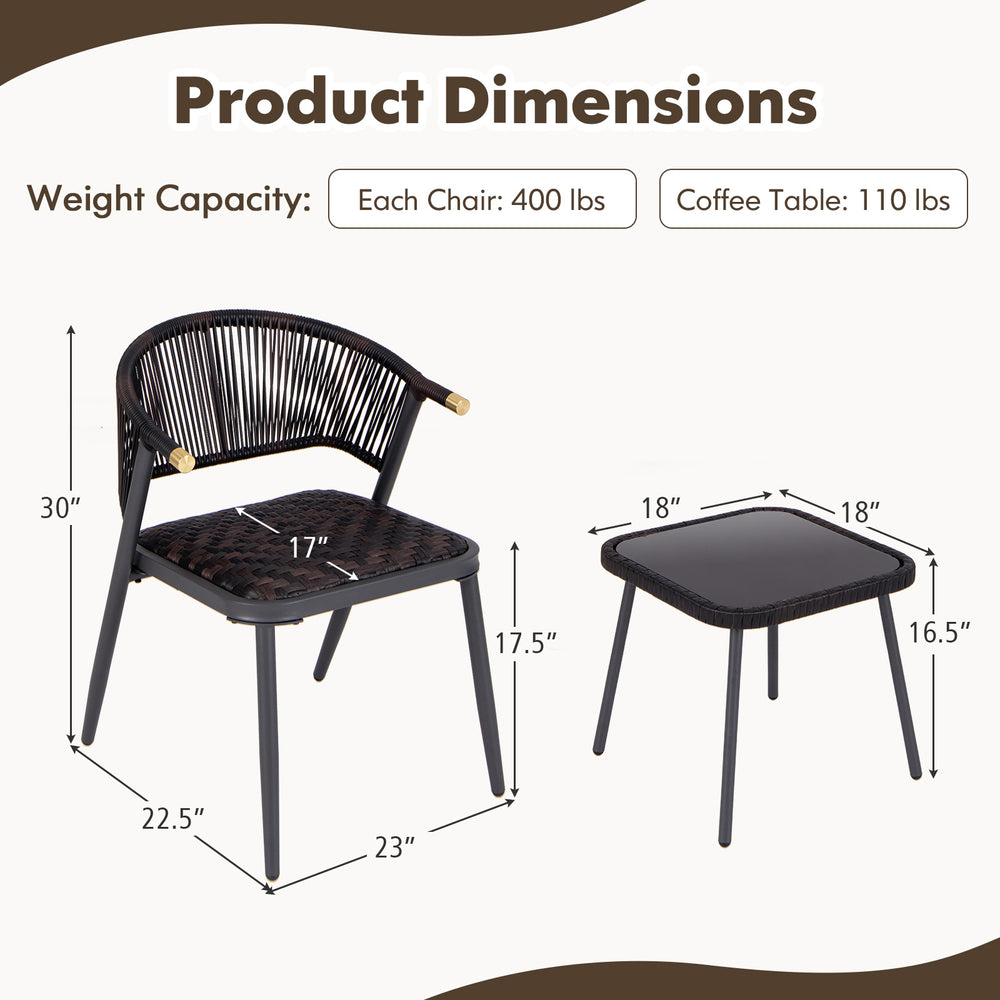 Dimensions of 3 pieces patio rattan furniture set with brown PE rattan and sturdy metal frame for outdoor use.