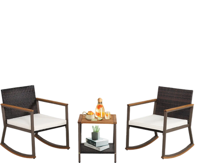 Costway 3-Piece Rattan Rocking Bistro Set w/ Coffee Table & Cushions 63149285 New