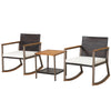 Rattan rocking bistro set with off-white cushions and acacia wood coffee table, perfect for outdoor relaxation.