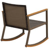 Brown PE rattan rocking chair with ergonomic backrest and acacia wood accents, perfect for outdoor relaxation.