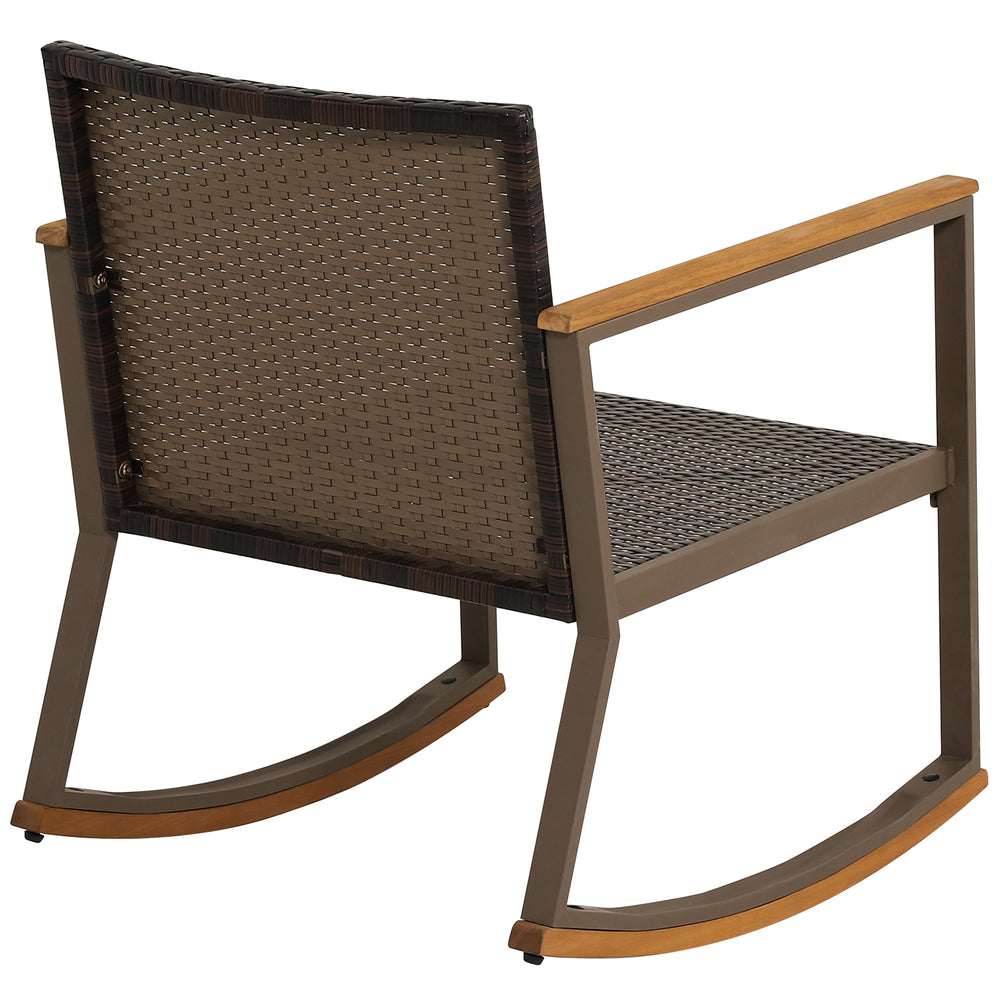 Brown PE rattan rocking chair with ergonomic backrest and acacia wood accents, perfect for outdoor relaxation.