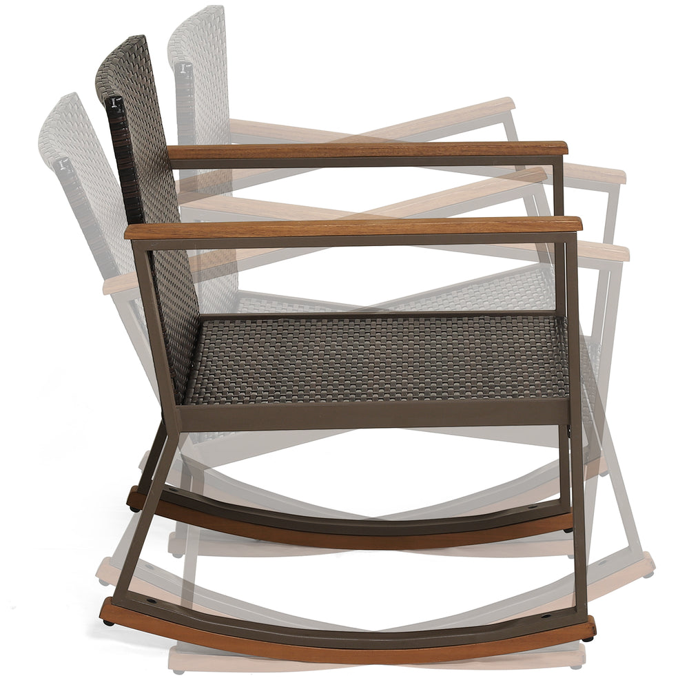Rattan rocking chair with ergonomic backrest and soft cushions, featuring a sturdy metal frame and acacia wood accents.
