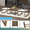 3-piece rattan rocking bistro set with off-white cushions and coffee table, ideal for outdoor relaxation.