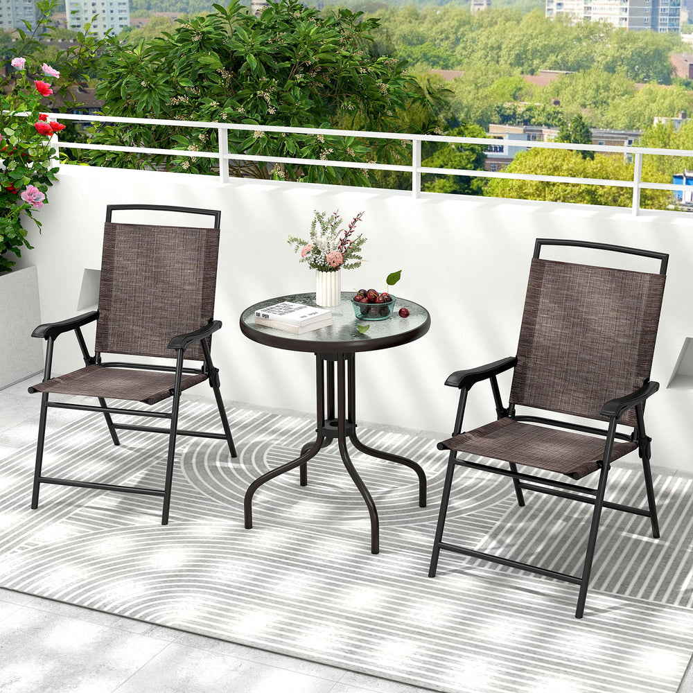 Patio set featuring two folding chairs and a round table with rippled tempered glass, ideal for balconies and porches.