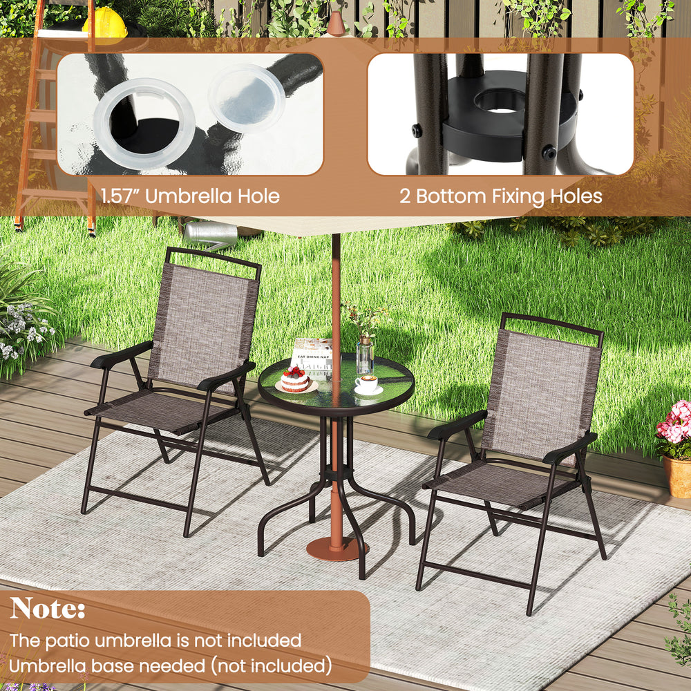 Patio round table with rippled tempered glass and two folding chairs, featuring a 1.57" umbrella hole for outdoor use.