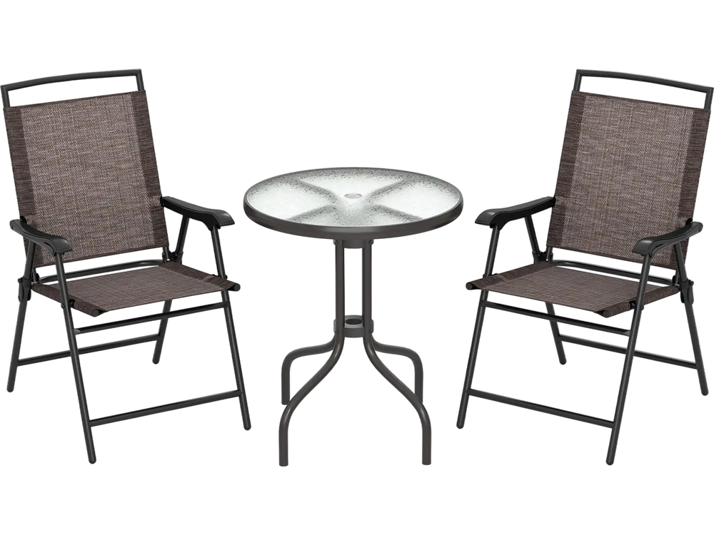 3 Pieces Patio Round Table and Folding Chairs Set with Rippled Tempered Glass Tabletop
