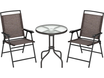 Costway 3-Pc Patio Bistro Set Round Glass Table Folding Chairs 647351289 New