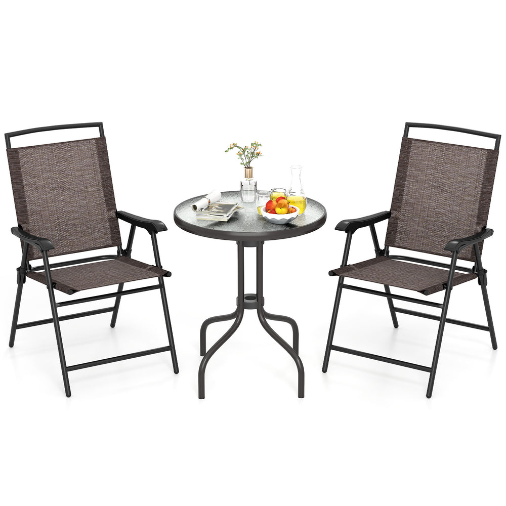 Folding patio chairs and round table set with rippled tempered glass, perfect for porches and balconies.