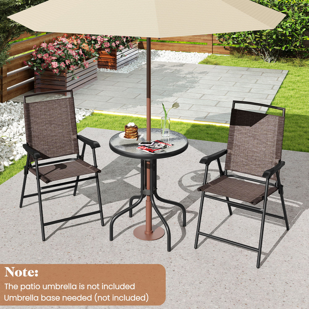 3-piece patio set featuring a round table with rippled tempered glass and two folding chairs, ideal for outdoor.