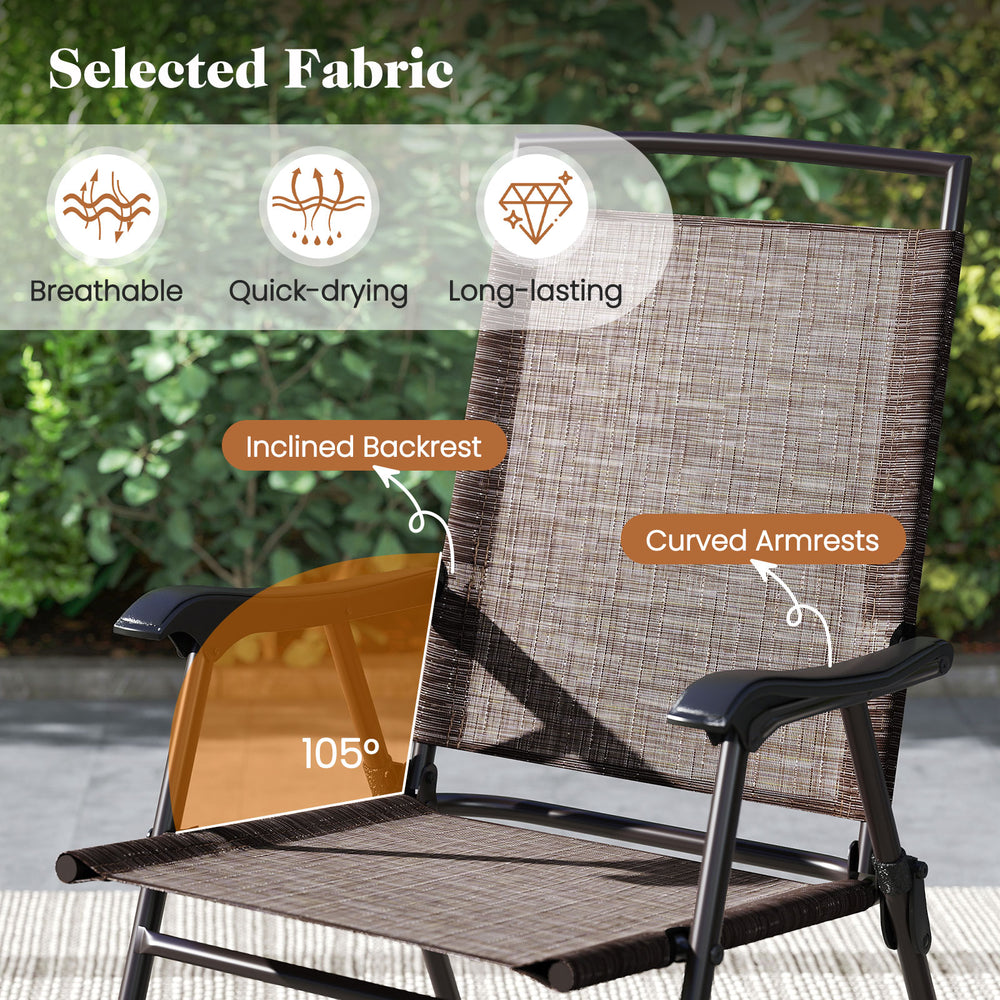 Close-up of the breathable fabric with curved armrests and inclined backrest on a folding patio chair for summer.