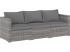 Three-piece patio sectional sofa set in gray PE rattan with soft cushions, perfect for outdoor relaxation.