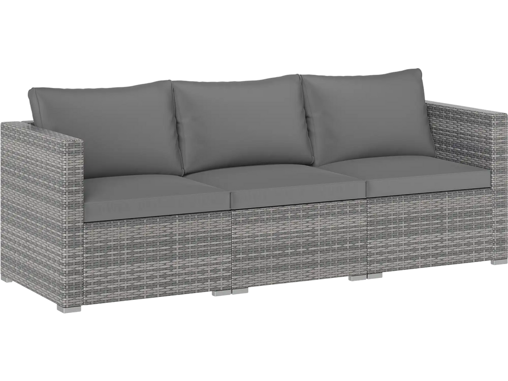 Three-piece patio sectional sofa set in gray PE rattan with soft cushions, perfect for outdoor relaxation.