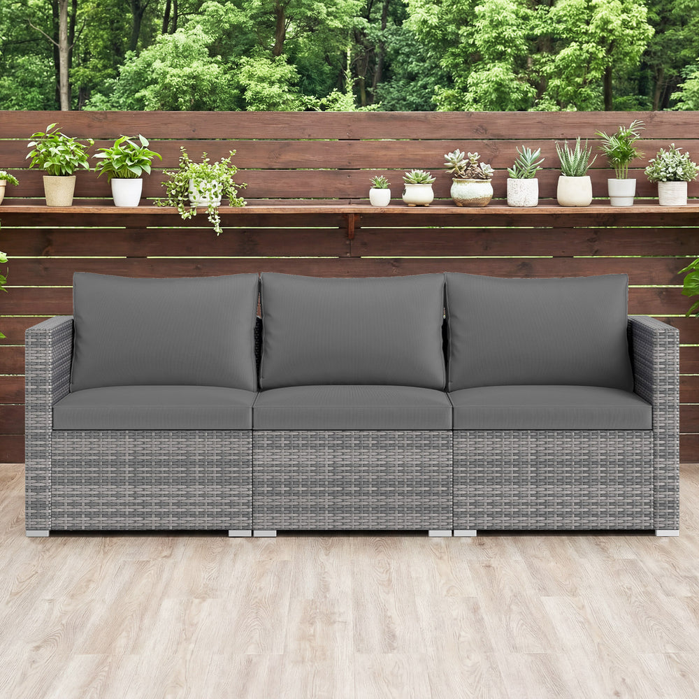 Three-piece patio sectional sofa set in gray with soft cushions, made of durable PE rattan, perfect for outdoor.