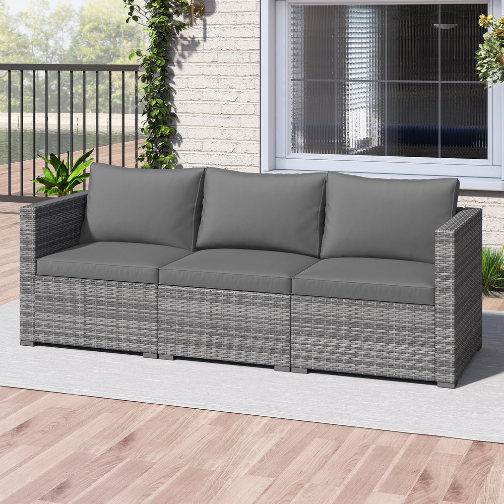 Gray 3-piece patio sectional sofa with plush cushions and built-in armrests, perfect for garden and poolside lounging.
