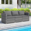 Three-piece patio sectional sofa set in gray PE rattan with soft cushions, ideal for poolside relaxation.