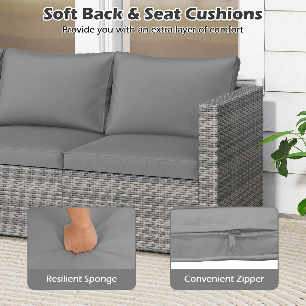 Soft back and seat cushions of the gray 3-piece patio sectional sofa set with convenient zippers for easy cleaning.