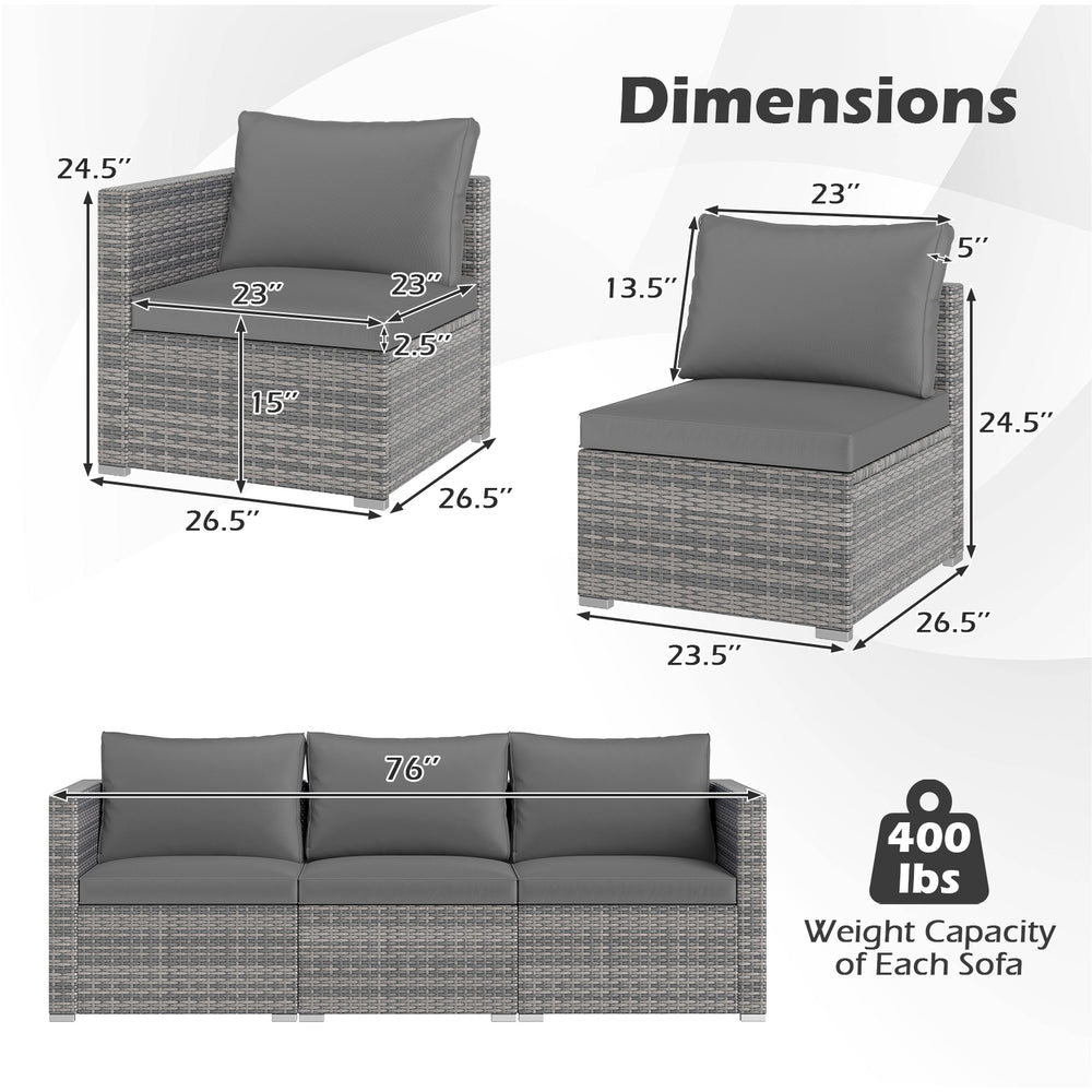 Dimensions of the 3 Pieces Patio Sectional Sofa Set with gray cushions, featuring PE rattan and a 400 lbs weight.