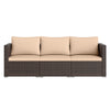 Three-piece patio sectional sofa set in dark brown PE rattan with soft beige cushions, ideal for outdoor relaxation.
