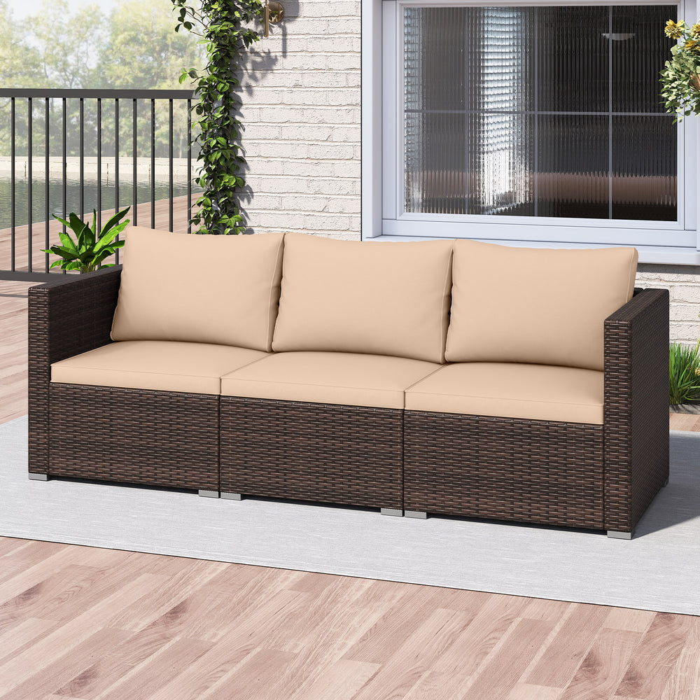 Three-piece patio sectional sofa set in dark brown PE rattan with beige cushions, ideal for outdoor relaxation.