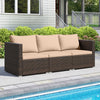 Three-piece patio sectional sofa set with beige cushions, made of durable PE rattan, ideal for poolside relaxation.