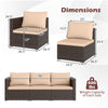 Dimensions of the 3 Pieces Patio Sectional Sofa Set with beige cushions, showcasing sturdy PE rattan and metal frame.